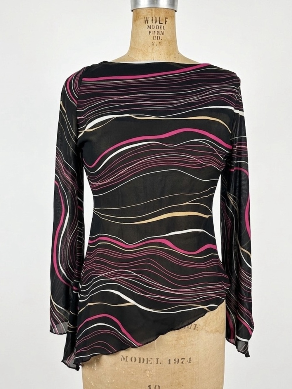 Vintage Forever 21 Asymmetrical Sheer Top Bell Sleeve Boat Neck Sz S Whimsy